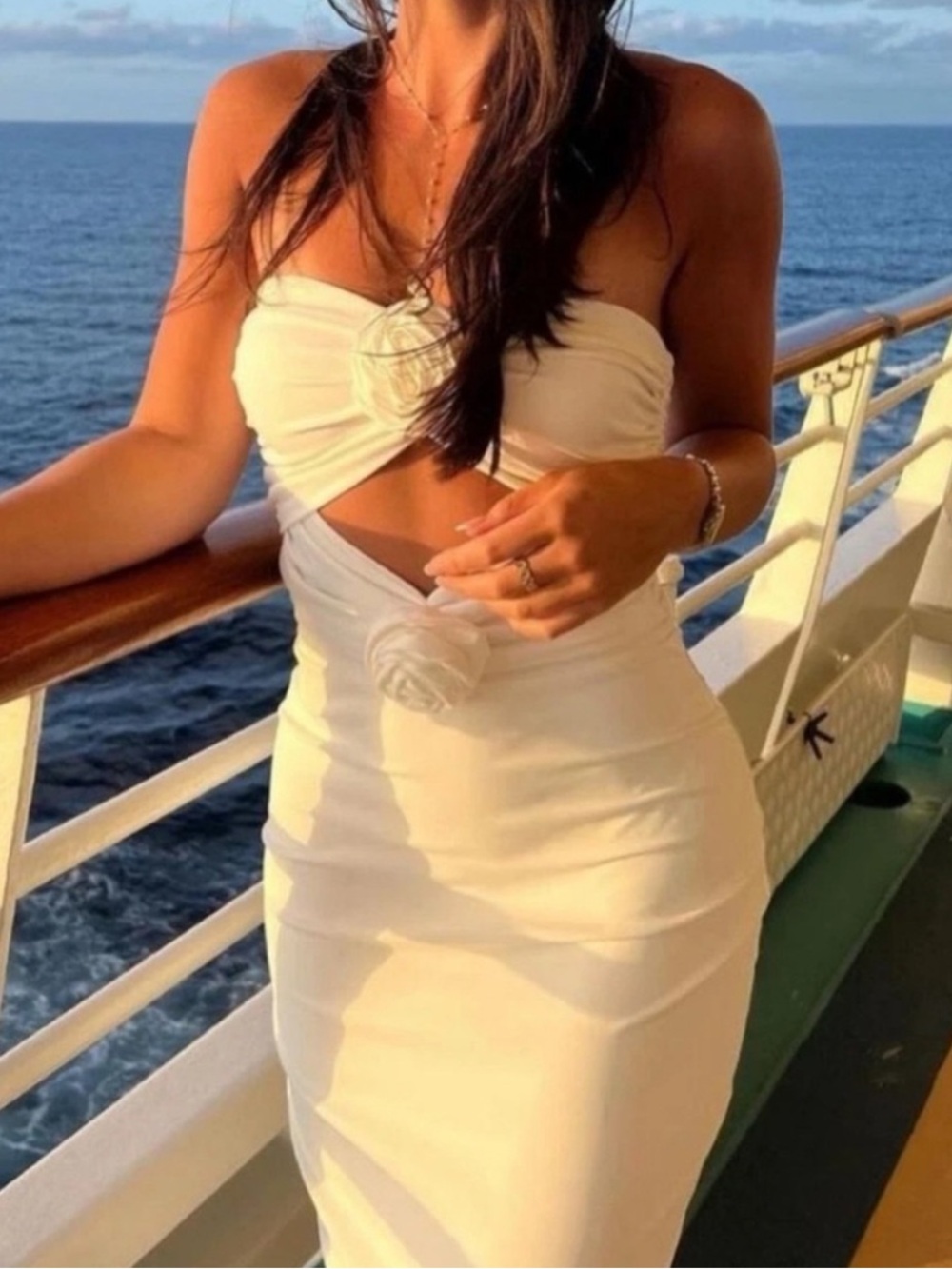 Torn by Ronny Kobo White Strapless Midi Dress with Flowers